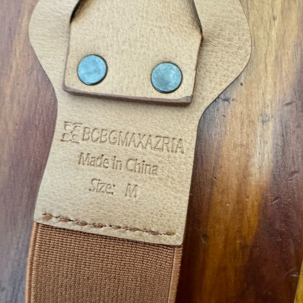 BCBG Tan Leather Belt Bronze Buckle Braided Detailing (Medium) - Picture 4 of 6